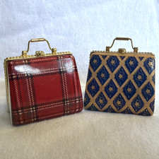 Two Vintage Porcelain Purse Trinket Boxes Hinged - Red Plaid & Blue Diamond picture
