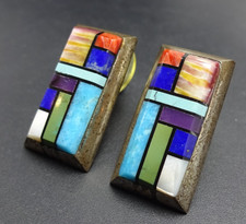 Vintage Navajo ALVIN YELLOWHORSE Sterling Silver MULTI-STONE Inlay EARRINGS picture