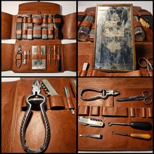 Vintage Antique Gentleman’s Grooming Kit Leather Case Glass Bottle Tools c.1900s picture
