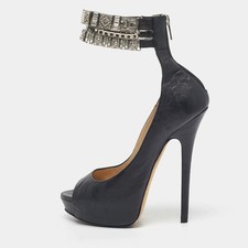 Jimmy Choo Black Leather Crystal Embellished Ankle Cuff Pumps Size 40 picture