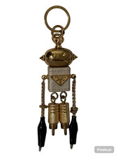 Prada Robot Keychain Key Ring Charm Gold Tone Metal Leather Black Silver picture