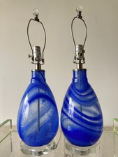 Pair Vintage Cobalt Blue Swirl Art Glass Table Lamps Lucite Bases MCM picture