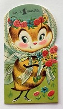 Vintage Happy Birthday Card Die Cut ANTHROPOMORPHIC BUMBLE BEE LADY WITH ROSES picture
