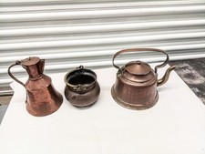 ANTIQUE 19TH CENTURY  HAND RUSTIC COPPER COOKWARE. TEAPOT, MILK $ SUGAR BOWLS.  picture