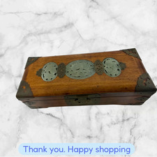 VINTAGE CHINESE WOODEN BOX JEWELRY TRINKET CARVED JADE BRASS Silk INSIDE  picture