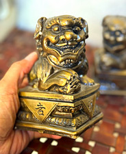 Vintage Asian Foo Dog Guardian Lion Metal Figurines Pair Gold Black on Pedestals picture