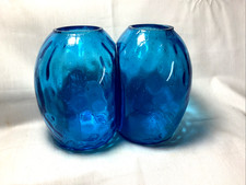 RARE Vintage Pair Carl Erickson Attributed Blue Glass Bookend Vases MCM USA  OSH picture