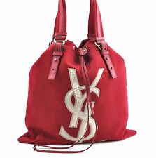 Authentic YVES SAINT LAURENT KAHARA Tote Hand Bag Canvas Leather Red F8532 picture