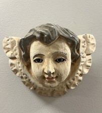 Antique Carved Cherub Wood Polychrome Putti Angel Head Glass Eyes picture