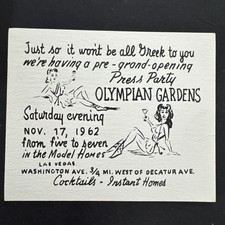1962 Las Vegas Olympian Gardens Press Party Invite Card Mid Century Ephemera 5x6 picture