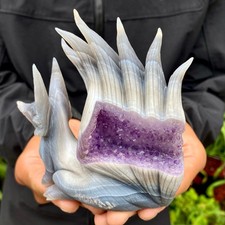 453G Natural Agate Geode Hand Carved Nine-tailed Fox Quartz Crystal Decor picture