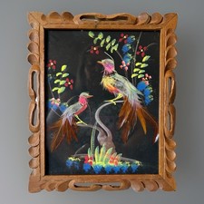 Vintage Cartimex Mexican Bird Feathercraft Hand Carved Wood Frame Folk Art MCM picture