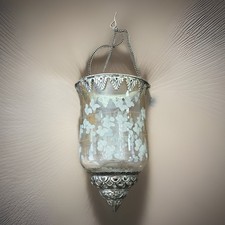 Antique Etched Floral Pattern Cut Glass Pendent Lantern Art Deco Gilded Metal picture
