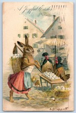 1907 Easter Anthropomorphic Rabbit With Eggs Basket Embossed Antique Postcard picture