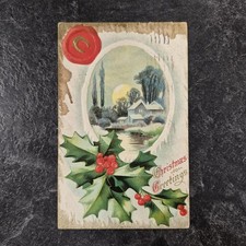 Antique 1910 Embossed Christmas Postcard Wax Seal Horseshoe Holly Hartford CT picture