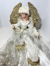 Vintage VERY Long Golden Angel Tree Topper~Bisque Head~Gold Sequined Wings picture