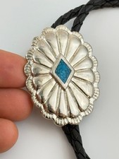 Vtg Western Bolo Tie Blue Stone Silver Tone Concho Cowboy Rodeo Southwestern picture