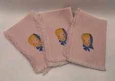 Vintage Blonde Girl Babushka Pink Stenciled Linen Napkins Fringe Cottagecore NOS picture