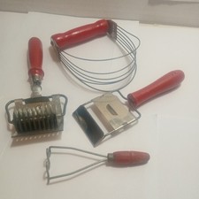 4 Vintage Red Wood Handle Kitchen Gadgets  picture