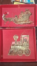 Vintage Holiday in Gold Brass Christmas Ornaments Train Santa Sleigh picture