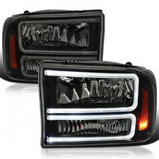 Black Smoke Headlights with LED Bar Compatible with 1999-2004 Ford F-250, F-350, picture