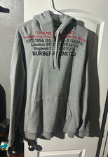 Burberry Men’s XL Gray Fleece Pullover Hoodie London Logo Graphic Drawstring picture