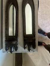 Gothic Arch Wall-Mounted Wood & Glass Mirror Panel Candle Sconces, Pair picture