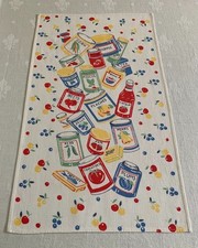 Vintage Tea Towel MCM Cans Jars Fruit Vegetables Sardines Coffee Leacock Prints picture