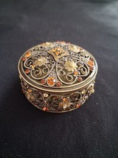 Vintage metal filigree trinket box antique brass tone with amber and crystals picture