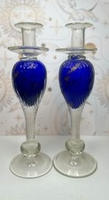 Pair Vincenzo Nason Murano Clear Glass Blue Gold Adventurine Candle Holder 14
