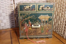 Vintage Hand Painted Chinoiserie Green Lacquer Jewelry armoir picture