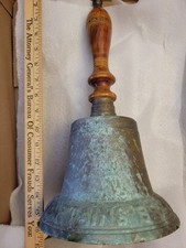 VTG 15” CAPTAIN’S BELL ENGRAVED HAND BELL WOOD HANDLE 7 3/4” DIAM PATINA  picture