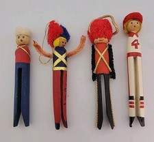 VTG 4 Clothespin Ornaments~Soldier, Athlete, Singer~Band Dir. ~Handmade Folk Art picture