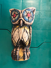 Vintage Hand Carved Wood Owl Figurine Folk Art Painted Rustic Boho 8