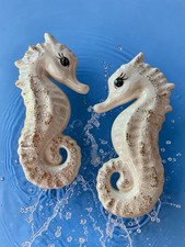 Vintage Ceramic Seahorses Set of 2 White/Off White Gold Speckled Wall Plaques🌊 picture