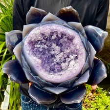 19.16LB Natural Agate Geode Carved Lotus Flower, Hand Carved Healing Crystal Hom picture