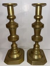 HUGE Antique 1850 Pair Queen Anne Spun Brass Push-up Candle Sticks picture