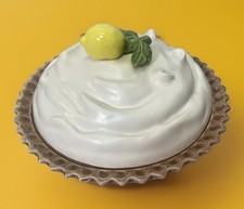 Vintage Lemon Meringue Pie Ceramic Covered Dish Keeper Plate Realistic 2 Pc MCM picture