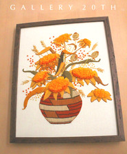 SUPERB MID CENTURY SUNFLOWER TAPESTRY TEXTILE ORANGE ORIG WALL ART 60's MODERN picture