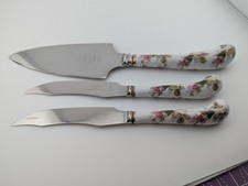 Vintage A E Lewis Floraine Sheffield Rose Porcelain Handle Serving Set 3 Pc picture