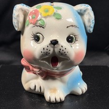 Vintage Ceramic Puppy Dog Piggy Bank Hand Painted Floral Mid Century Figurine picture