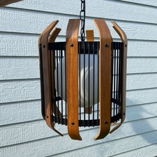 Mid Century Teak Hanging Cage Pendant Lamp in STUNNING condition picture