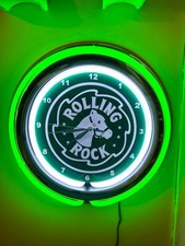 Rolling Rock Beer Bar Man Cave Green Neon Style LED Clock Advertising Sign picture