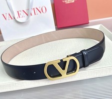 VALENTINO Black Beige Leather Belt Gold V Logo Buckle Unisex Adjustable Belt picture