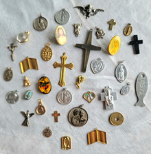 Vintage Religious Medal Charm Lot Crosses Angels Mary Jesus Catholic Christian picture