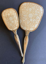 Beautiful Antique Vanity Mirror and Brush 2pc Set Gold Lace Pattern Ornate RARE picture