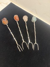 Vintage Set 4 Approx 800 Silver Gemstone Cocktail Olive Forks 6in picture