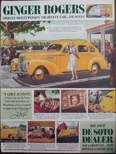 1938 vintage DeSoto automobile print ad, Hollywood Ginger Rogers yellow car picture