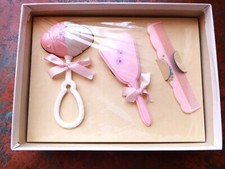 Vintage New Child Baby Pink Floral Vanity Set Comb Brush Mirror Box Unopened picture