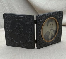Antique Gutta Percha Union Case with Tintype Portrait – Floral Civil War Era picture